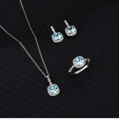 S925 Sterling Silver Ocean Heart Blue Gem European and American Fashion Jewelry Set