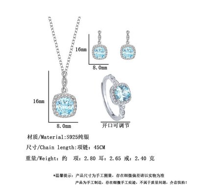 S925 Sterling Silver Ocean Heart Blue Gem European and American Fashion Jewelry Set