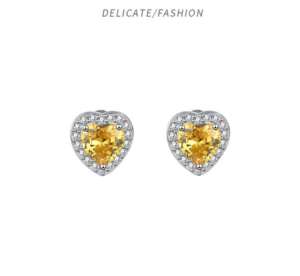 Europe and Japan Style S925 Sterling Silver Heart-Shaped Earrings with Yellow Diamond