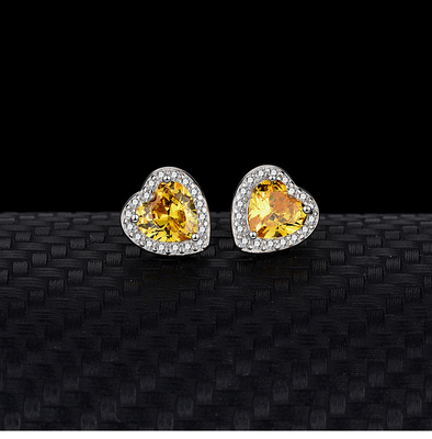 Europe and Japan Style S925 Sterling Silver Heart-Shaped Earrings with Yellow Diamond