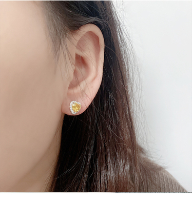 Europe and Japan Style S925 Sterling Silver Heart-Shaped Earrings with Yellow Diamond