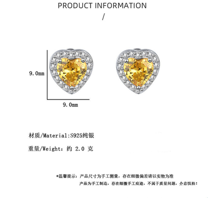 Europe and Japan Style S925 Sterling Silver Heart-Shaped Earrings with Yellow Diamond