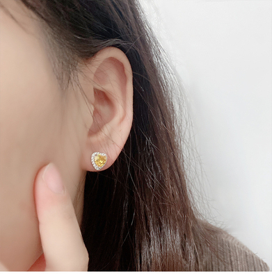 Europe and Japan Style S925 Sterling Silver Heart-Shaped Earrings with Yellow Diamond