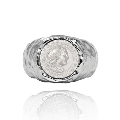 925 Sterling Silver Moon Goddess Ancient Coin Ring Queen Gold Bump Ins Wind Tide