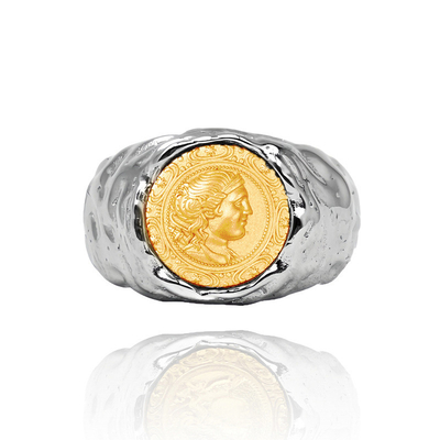 925 Sterling Silver Moon Goddess Ancient Coin Ring Queen Gold Bump Ins Wind Tide