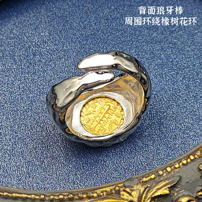 925 Sterling Silver Moon Goddess Ancient Coin Ring Queen Gold Bump Ins Wind Tide