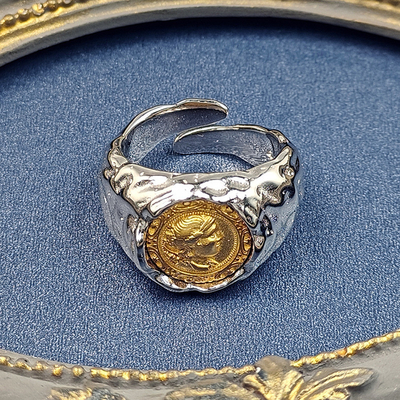 925 Sterling Silver Moon Goddess Ancient Coin Ring Queen Gold Bump Ins Wind Tide