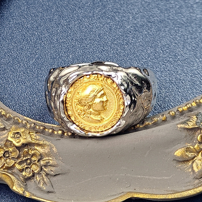 925 Sterling Silver Moon Goddess Ancient Coin Ring Queen Gold Bump Ins Wind Tide