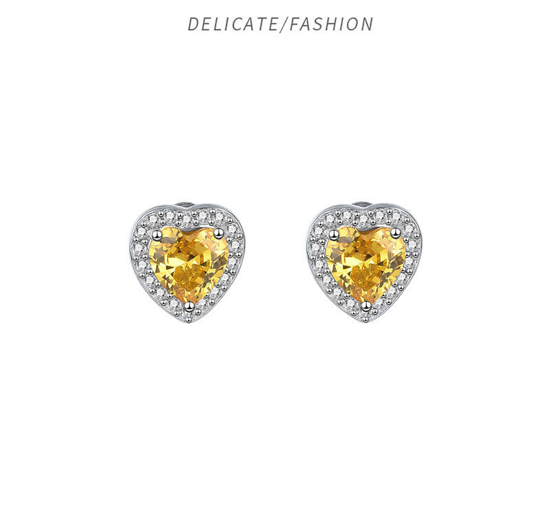 Europe and Japan Style S925 Sterling Silver Heart-Shaped Earrings with Yellow Diamond