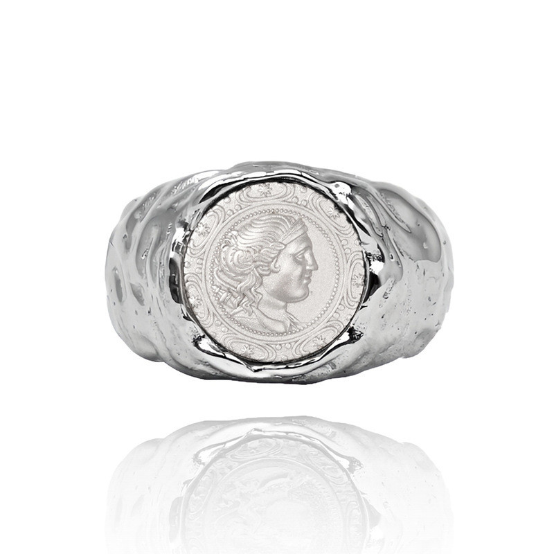 925 Sterling Silver Moon Goddess Ancient Coin Ring Queen Gold Bump Ins Wind Tide